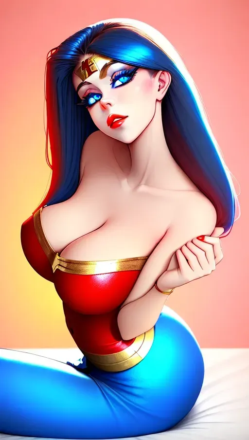 lovely gorgeous woman with big round blue eyes and perfect body dressed in wonder woman costume with red and gold and blue skirt with open arms to hug, loving and pure, she is laying in a comfy bed with soft pink lighting and a comforting mood, detailed beautiful eyes, flowing black hair