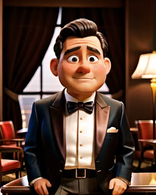 Background is hotel lobby, 1 man, man seated, Side view, chubby older Man, in tuxedo, horny, embarrassed, fully body