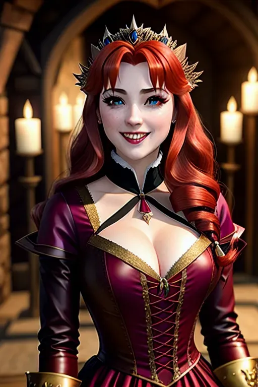 Queen Anna of Arendelle, embraced by Dracula, wide smile showing fangs, moderate breasts,five fingers per hand,sweet face, beautiful lips,curved eyebrows,vampire bite on neck, leather, auburn hair, medium long hair, theateric dramatic club lighting,ultra realistic,pixiv,unreal engine,bokeh