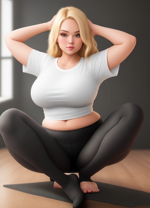 photorealistic cute, curvy twenty something blonde, medium breasts, wearing black yoga tights and a loose white t-shirt