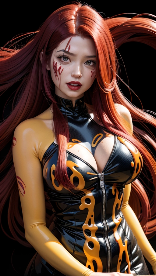((Burgundy red and yellow symbiote goo girl)), ((hair-raising symbiote)), ((burgundy red and yellow symbiote goo)), (((burgundy red long hair with yellow strands))), ((red and yellow symbiote goo suit)), (yellow strands), (((symbiote goo face))), (((((symbiote goo hair))), ((((symbiote goo face transformation)))), symbiote goo body