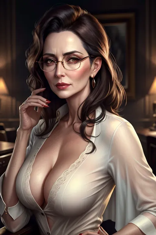 photoreal style art, mature woman, loose dark hair, blouse bursting open, half rim eyeglasses, sly look to viewer, pursed lips