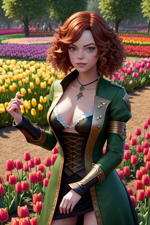 a concept art of,emma stone,wearing mage clothes,in a tulip garden,small breasts,five slender fingers,curly hair,beautiful face,beautiful lips,green eyes,curved eyebrows,curved eyelid,textured skin,joyful,tattoo,artstation,sharp focus,unreal engine,studio lighting,8k