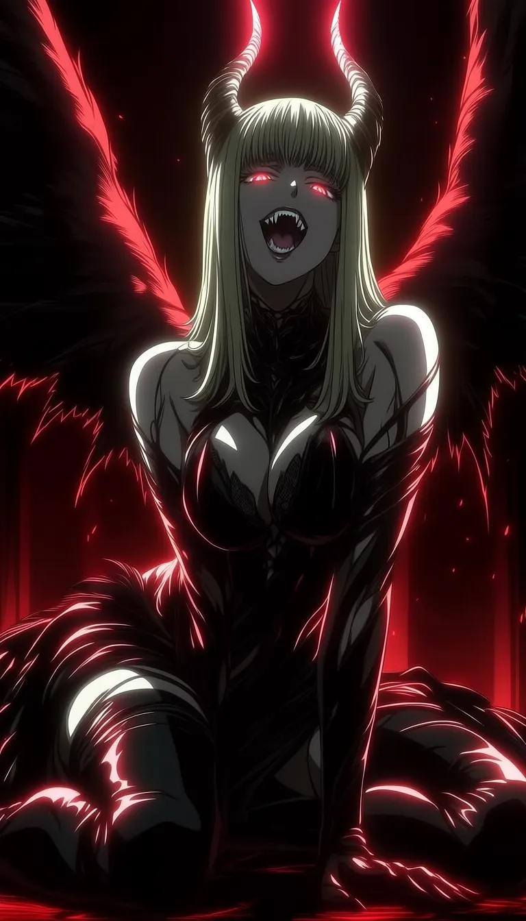 dark_art_style, 1girl, solo, demon girl, succubus, bat wings, black wings, horns, fangs, sharp teeth, long hair, blonde hair, red eyes, glowing eyes, seductive, aggressive expression, open mouth, gothic outfit, black dress, lace, feather details, dark fantasy, sitting pose, leaning forward, looking at viewer, red background, blood red lighting, dramatic lighting, high contrast, intense atmosphere, shadows, cinematic lighting, ultra detailed, masterpiece, best quality