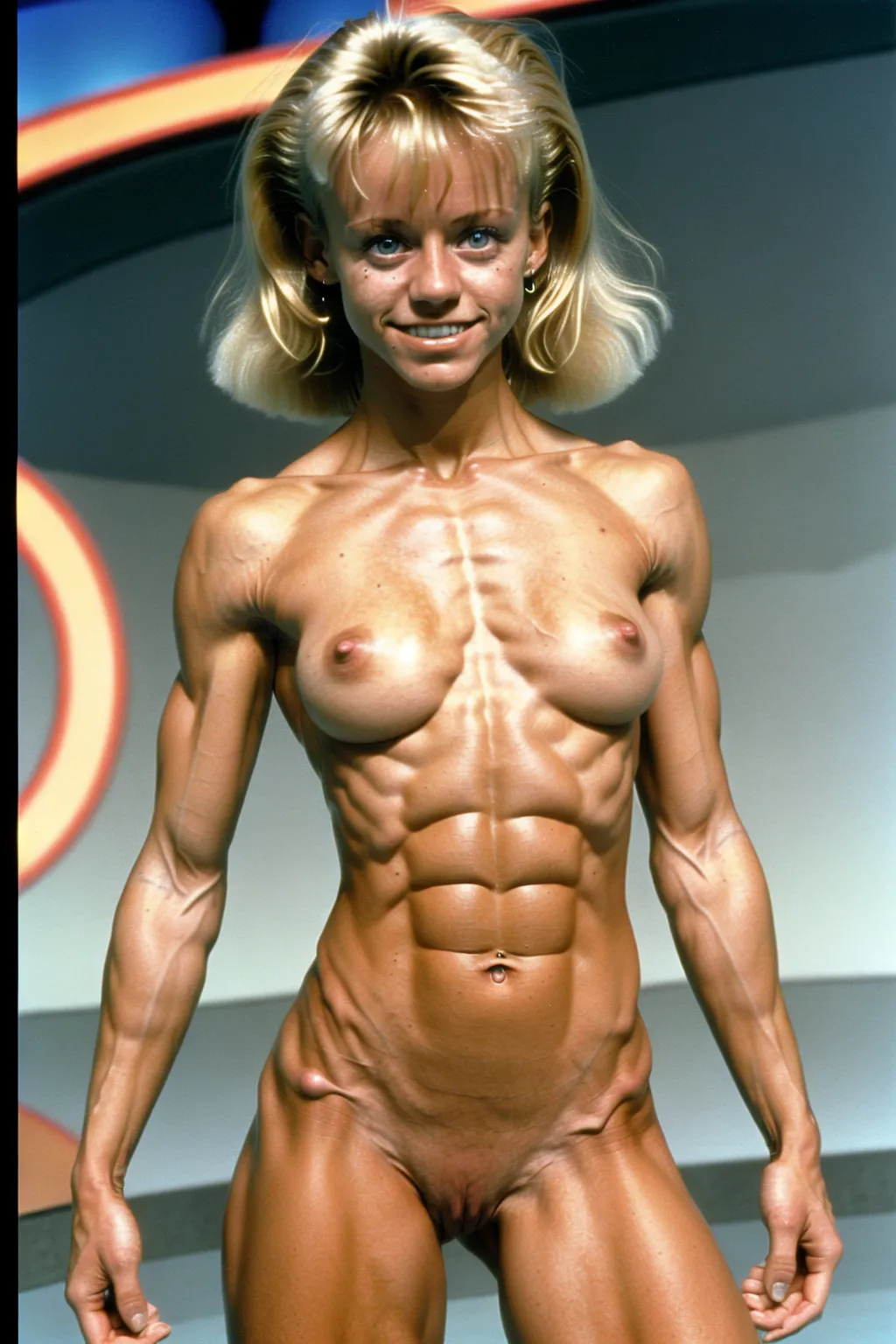 A very fit 18 year old fully naked Linnea Quigley, pleasure look on her face, flexing her abs, very low body fat, extremely lean body, perfect body, showing her vagina, standing on the set of a game show in 1991, fully nude, spreading her legs, perfectly shaped breast, blonde hair, spreading her legs wide open, perfect tan, completely naked