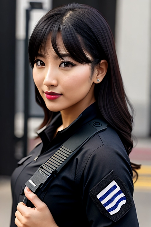 realistic_photo, photorealism, goddess, japanese, black_hair, dark_brown_eyes, medium_breasts, lipstick, eyeliner, (((tactical_black_clothes))), tactical_top, tactical_pullover, realistic, solo_focus, licentious smile, seductive poses, sfw, safe_for_work, small_breasts, thin, thin_body, ((bulletproof_west)), ((front_view)), , eye_contact, frontal_pose, salute, frontal body view