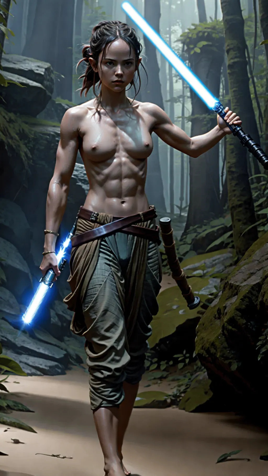 topless barefoot Rey Skywalker wearing her normal warrior pants with toned muscles while holding her lightsaber and training on Dagobah, barefoot, barefoot, barefoot, topless, topless, topless,