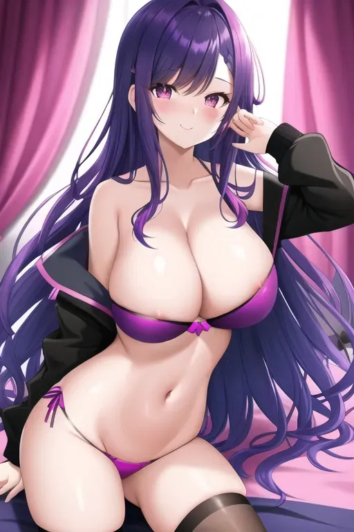 illustration, dark purple-blueish haired girl with big exposed breasts, hot pink heart eyes, wavy hair, m shaped bangs, sidebangs up to her shoulder, on bed, naked, artstation,8k,studio lighting,pixiv,cgsociety, nsfw, r18
