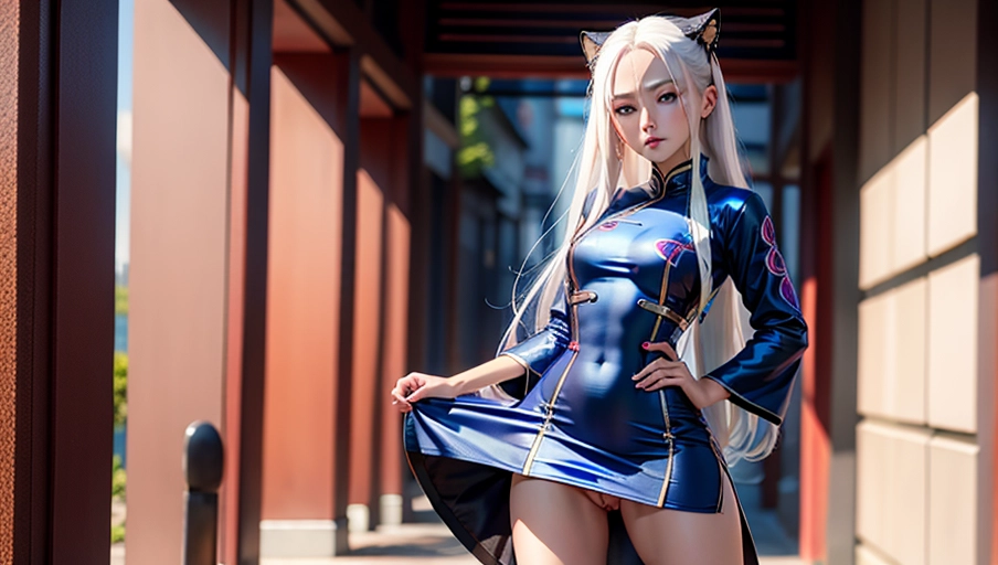 blue eyes, long platinum hair, panthera, clothing must cover chest, short Qipao, uncover pussy, show pussy, perfect pussy, standing displaying pussy, camera in front