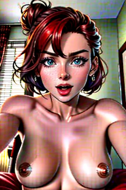 a 32.4M high resolution macro photo closeup portrait of a thin gorgeous trim young lithe 18 year old natural redhead skinny girl, nude, laying on her back in bed, ((((extreme closeup pov her lower lip)))), ((((sexually aroused)))),((((sexually excited)))),(((expression of anticipated imminent extreme sexual pleasure))), (((expression of aggressive sexual desire))),(((sexually aroused lustful expression))), (((sexually attracted to me)))(((looking at me))), (((expression of intense sexual desire))),((((looking straight into the camera)))),((((lustful sexually provocative expression)))),(((fuck me look))),((sexually aroused I am going to fuck you expression)),(((expression of anticipated imminent intense sexual pleasure))),Lacey sheer transparent bandeau cropped shirt,curved eyelids,beautiful lips,textured skin,((messy bun hairstyle)) <lora:dpmg_fingering:1>