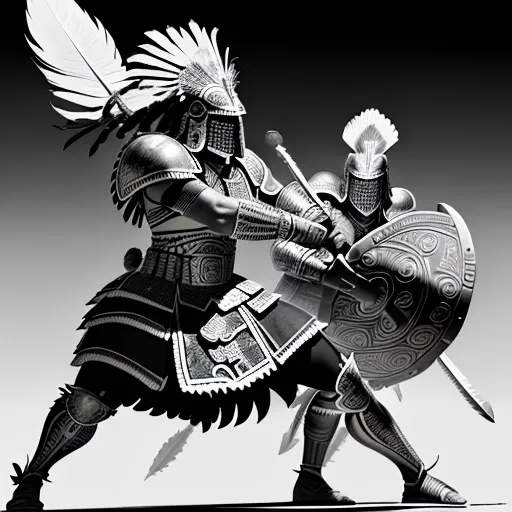 A high-definition, black-and-white illustration suitable for laser engraving, depicting an Aztec warrior vs armored Spanish conquistadors. The Aztec warrior wears traditional armor with elaborate feather headdress, wielding a macuahuitl club, standing with determination. The Spanish conquistadors are in steel armor, holding swords and shields, positioned in a defensive stance. The background hints at an ancient Mesoamerican landscape with minimal detailing to focus on the combatants. The illustration uses high-contrast lines and shading, with intricate detailing on the Aztec warrior's headdress, armor, and facial expression. Engraving-friendly, no color gradients.
