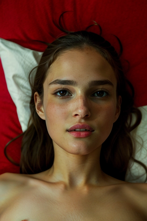 man is fucking a girl, he is fucking the girl in their bed, naked, fucking dpmg_pov_missionary_v1, Natalie Portman, freckled-face, Aquamarine eyes, bright red lips, lipstick, smooth skin, soft features, winged eyeliner, porn, golden dark blonde hair, <lora:orgasming_face:1>, (slick oiled skin:.001), pink erect nipples, flushed red cheeks, totally nude, gaping pussy, stable diffusion