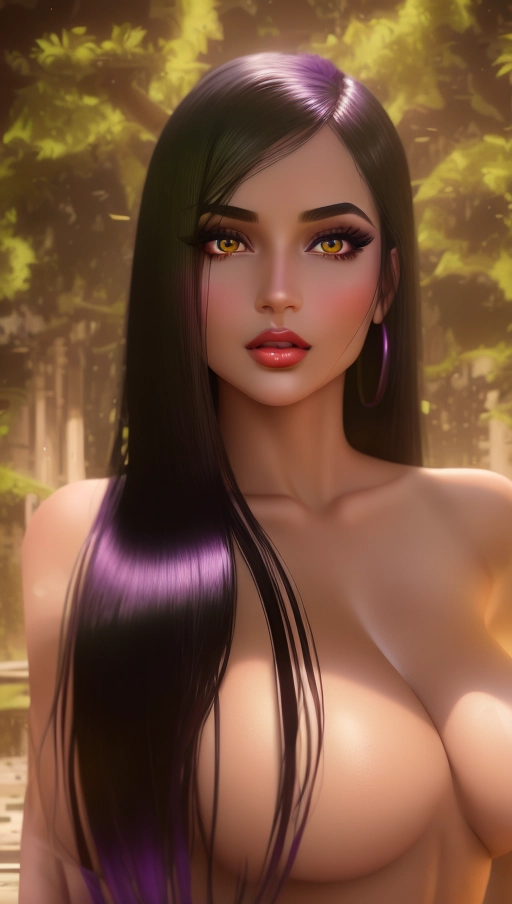 adult glamorous woman, gorgeous face, purple eyes, rosy cheeks, tanned olive skin, long straight black hair, heavy eyeshadow, completely nude, medium breasts, bright lips, highly detailed skin textures, highly detailed eyes, blank green background,
