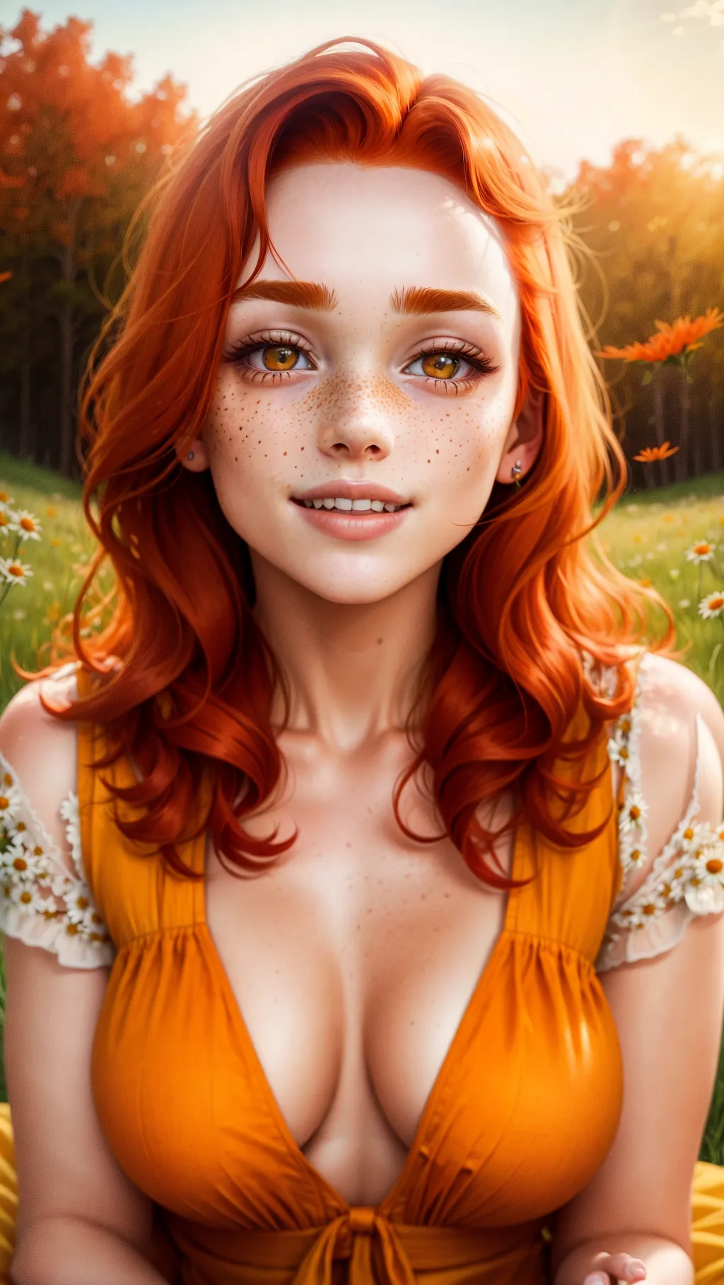 young beautiful redhead, messy short red hair, ginger, yellow dress, sitting on a picnic blanket, grass field, picnic, daisies and wildflowers, dress falling off, sunset, beautiful landscape, forest, small breasts, pink nipples, brown eyes, perfect teeth, anatomically correct, five fingers per hand, HD resolution, HD wallpaper, soft lighting, professional, realistic, photorealistic, freckles, highly detailed, detailed face, young, professional photograph, soft focus, flirty smile, young lily depp, autumn,