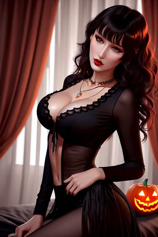 a digital art of,bella hadid,wearing halloween clothes,on the bed,big breasts,five fingers per hand,wavy curtain bang,charming face,beautiful lips,black eyes,curved eyebrows,pale skin,peaceful,wearing necklace,unreal engine,cinematic lighting,professional,bokeh,cgsociety