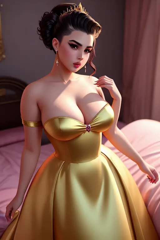 a digital art of,bella poarch,wearing princess dress,walking,on the bed,small breasts,five fingers per hand,undercut hair,gorgeous face,beautiful lips,curved eyebrows,satisfaction,wearing golden ring,ultra realistic,cgsociety,pixiv,sharp focus,studio lighting