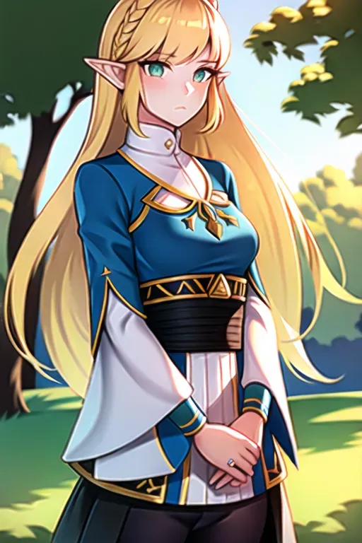 <lora:dpmg_princess_zelda:0.6>, 1girl, bangs, blonde hair, breasts, bridal gauntlets, closed mouth, expressionless, from side, green eyes, highres, jewelry, long hair, long sleeves, nintendo, outdoors, own hands together, pointy ears, ring, small breasts, solo, standing, the legend of zelda, tree, triforce print, upper body, blue shirt and black pants