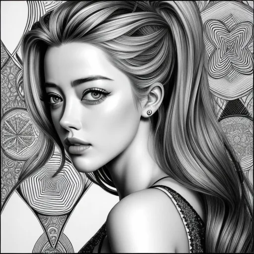 Line art drawing, Amber Heard, artist M C Escher