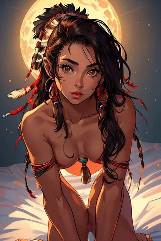 Full body, Very beautiful, nsfw, native, tribal, tamed, timid, woman, cute, sexy eyes, seducing me, native american female, dark red skin, north american indian, long straight dark hair, dark eyebrows, brown eyes, cute concave nose, soft cheeks, full lips, red lipstick, strong narrow chin, wearing native attire, feathers in hair, flashing me her naked butt, thin figure, cute breasts, thin body, round butt, aroused pussy, submitting, bending over forward, flashing her butt and pussy at me, spreading her ass, pussy aroused, sexy brown anus, on the bed, prepping for vaginal penitration, bedroom, ((high definition)), ((4k quality)), (excellent lighting), (great shading), pristine detail, (very clear picture), ((beautiful vibrant colors)), (accurate at lower prompt guidence), ultra realistic, (((five fingers per hand))), (((two arms))), (((two legs))),