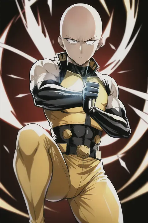 Dopamine Girl - One punch man, anime, bald head, 8k wallpaper, black eyes,  best quality, ultra hd, global lighting, hi-resolution, high quality,  yellow costume, white cape, red gloves, red boots, fighting stance