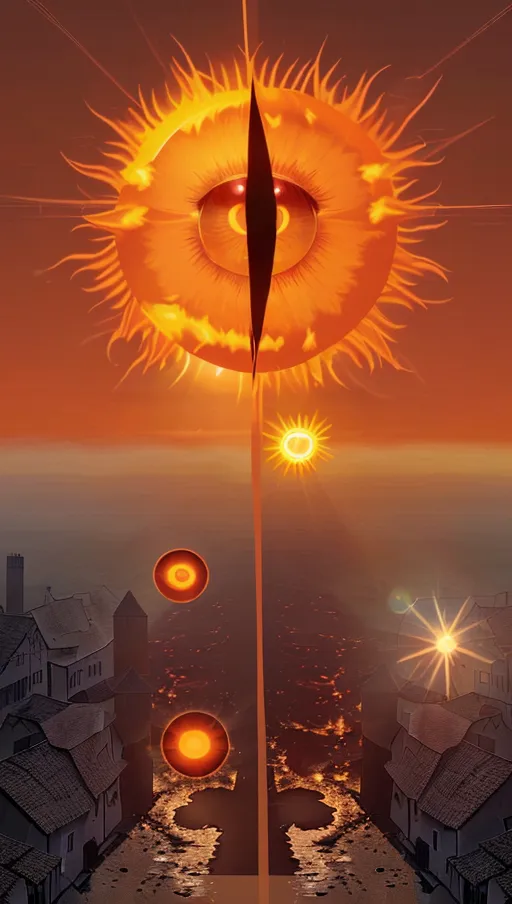 (((the sun in the sky has a giant straight vertical pupil))),
(The village beneath is on fire),