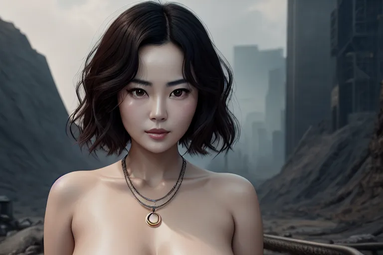 a digital painting of,song hye kyo,naked,touching breasts,in a dystopian future,five fingers per hand,beautiful face,beautiful lips,detailed large eyes,curved eyebrows,smooth skin,satisfaction,wearing necklace,cinematic lighting,editorial,surreal,professional,8k