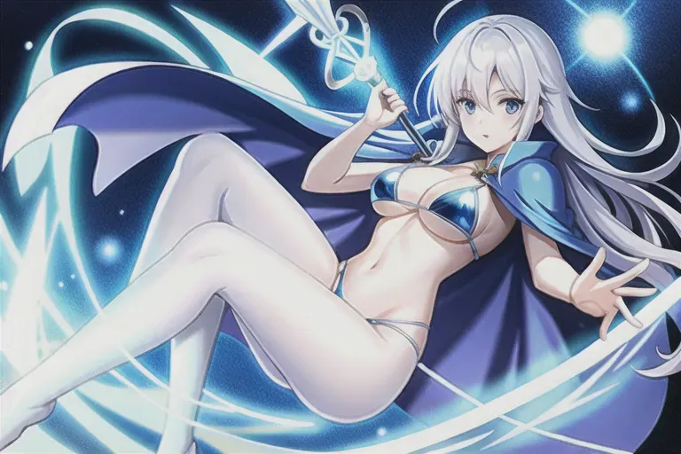 female ice mage, pale white skin, full body, high detail, detailed eyes, cute face, long curly blue hair, blue eyes, blue chrome silk cape and mini bikini, in a plasma field, casting a spell, holding a staff in her right hand,