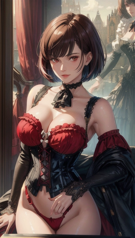 (Best quality, high quality cinematic film wallpaper, high res, 4k, HDR, UHD), 1 adult woman, (a breathtaking masterpiece extreme close up portrait of a woman posing expressively in a luxurious hotel room), (messy short brown hair in a bob cut with straight fringe, victorian style red corset, black choker:1.2),
(correct slender human anatomy, victorian style red corset), (extremely detailed red eyes looking at viewer:1.27), (extremely detailed view of her realistic face with smug expression:1.25), (beautiful detailed full lips smiling smugly), (extremely zoomed in detailed view of her realistic face:1.27),
(Warm atmosphere vintage film scene), high contrast, (bold pose while in a victorian era photoshoot), hyperrealistic skin with pores and blemishes, five slender high quality fingers, niijima makoto from persona 5,
((muted colours:1.27)), close up cinematic composition view of a woman in a victorian era photoshoot, soft focus, sharp and clear image, (candid:1.1), (flat shading stylised art:1.07), <lora:dpmg_add_detail:0.55>, (physically-based ray tracing, photon mapping, photorealistic:1.45), ((high resolution masterpiece, 4K, HDR, UHD:1.45))