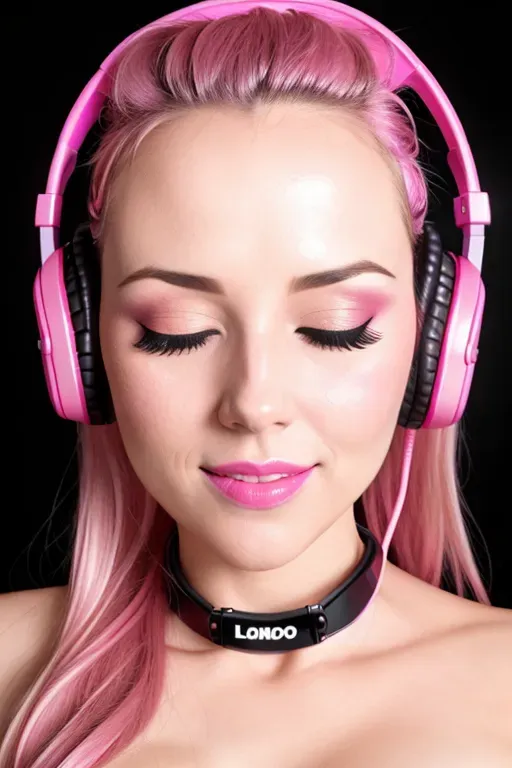 photograph, face closeup, bimbo, hypnotized expression, mesmerized, pink room, pink lingerie, wearing pink headphones, facing the camera, looking into camera, slack face muscles, neon lighting, eyelids closed, eyes closed