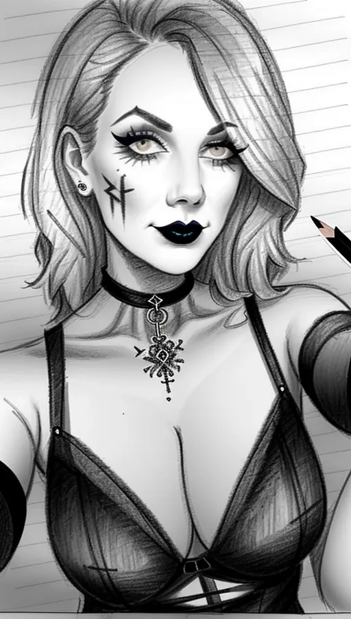 sketch of beautiful goth girl taking selfie, ((pencil sketch on lined paper)), art, amateur rapid pencil sketch, guide lines visible, shading, amateur pencil sketch of woman, pencil sketch of goth, drawing, lined paper sketch, drawing of beautiful goth girl, pencil drawing of goth, erasure marks all over, gray shading in cleavage area, gray pencil shading on face, guidelines on face,