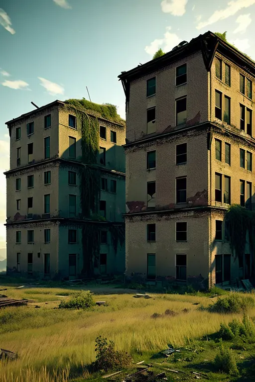 Generate an image of a post-apocalyptic landscape, featuring a mix of natural and man-made elements. Include crumbling buildings, overgrown vegetation, and a sense of danger and abandonment