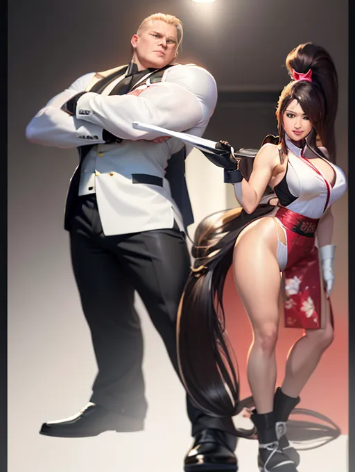 8K resolution digital illustration, ultra high resolution, photo reference,1male, 45 year old man, geese howard, muscular man, black business suit, black shoes, short blond hair, , arrogant smile, 1girl, Mai Shiranui, 24 years old, brown eyes, long hair, brown hair, white ribbon, sleeveless, ponytail, sash, pelvic curtain, arm guards, gloves, tabi, flirty smile, white kunoichi hairpin