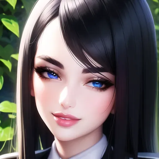 a closeup digital picture,a beautiful 18 year old girl, wearing school uniform at the garden,silky black hair,smiling, looking at the camera,beautiful lips,blue eyes,curved eyebrows,pale skin,satisfaction,highly detailed,artstation,surreal,ultra realistic,smooth