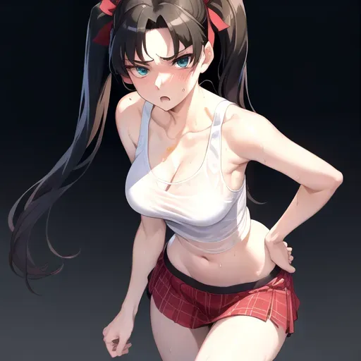 Rin Tohsaka, Rin, Tohsaka, Fate Stay Night, Fate, Nyotengu (DOA), Dead or Alive,
masterpiece, solo, best quality, nsfw, bokeh, uncensored, ultra realistic face, perfect eyes, perfect edges, two arms, two hands, ultra realistic, perfect face, perfect anatomy, (soft focus), ((perfect lighting)), full body, beautiful woman, beautiful, mature woman, sexy, adult, old adult, mature adult,
pigtails with ribbons, long black hair, full bangs, small eyes, tiny eyes, proportional eyes, blue green eyes,
cleavage, ((perky breasts)), big breasts, big boobs, huge boobs, busty, perfect boobs, perfect breasts, skinny, thin,
tank top, round neck top, flowing tank top, see-through tank top, loose shirt, joggers, sporty, running attire, casual clothes, casual, summer clothes, dressed for a hot day, sweaty, wet, sweaty body, wet body, dripping wet, plaid skirt
naughty, naughty expression, naughty face, naughty look, seductive, seducing, horny expression, horny, embarrassed,