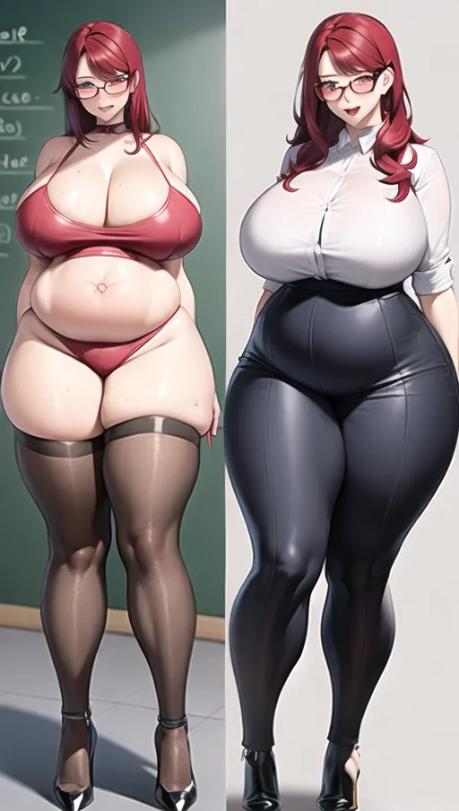Dark red hair, sexy glasses,Sexy women,
sexy teacher, classroom background ,big boobs,pregnant gigantic belly,fat belly and fat boobs,weight gain, weight gain big belly, gigantic fat belly,fat belly ,huge pumped up belly, nylon Socks, black high heels boots, nude boobs, a huge massive belly 2 times the size of the person, ((before and after weight gain)) ,<lora:dpmg_pov_Big_fat_belly:1> ,