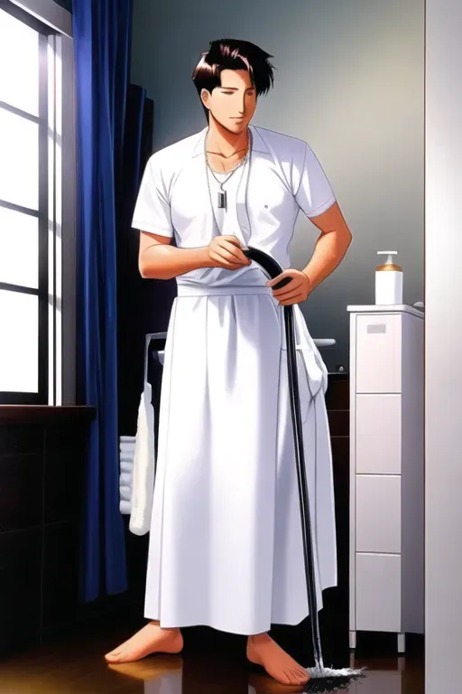 a digital art of,a man cleaning the bathroom for his homewrecker mistress,five slender fingers