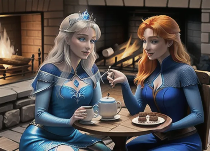 Beautiful sapphire eyed auburn haired Queen Anna of Arendelle in green enjoying a cheery light-hearted conversation with her platinum haired sister, Elsa in blue, enjoying a large mug of hot chocolate with mini marshmallows and a tray of brownies sitting by the fireplace.