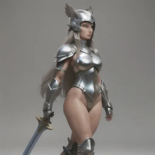 long silver haired women average height muscular tone but not to much, small breast with plat armor made in the future helmet off smooth complexion large sheild on her back sword at her side naked under armor