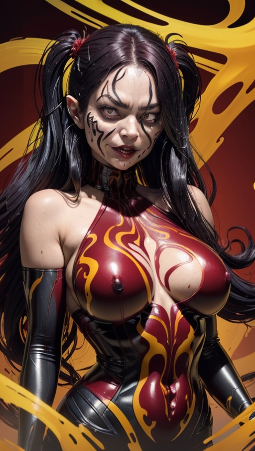 ((Burgundy red and yellow symbiote girl)), ((hair-raising symbiote)), ((burgundy red and yellow symbiote goo)), (((burgundy red long hair with yellow strands))), ((red and yellow symbiote goo suit)), (yellow strands), (((symbiote goo face))), (((((symbiote goo hair))), ((((symbiote goo face transformation)))), ((burgundy red and yellow symbiote body)), ((female venom symbiote face))