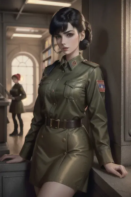 a photograph of,lisa,wearing soviet uniform,leaning against the wall,at the bookstore,five slender fingers,bangs hairstyle,gorgeous face,beautiful lips,green eyes,curved eyebrows,curved eyelid,pale skin,peaceful,wearing golden ring,8k,surreal,cgsociety,ultra realistic,unreal engine