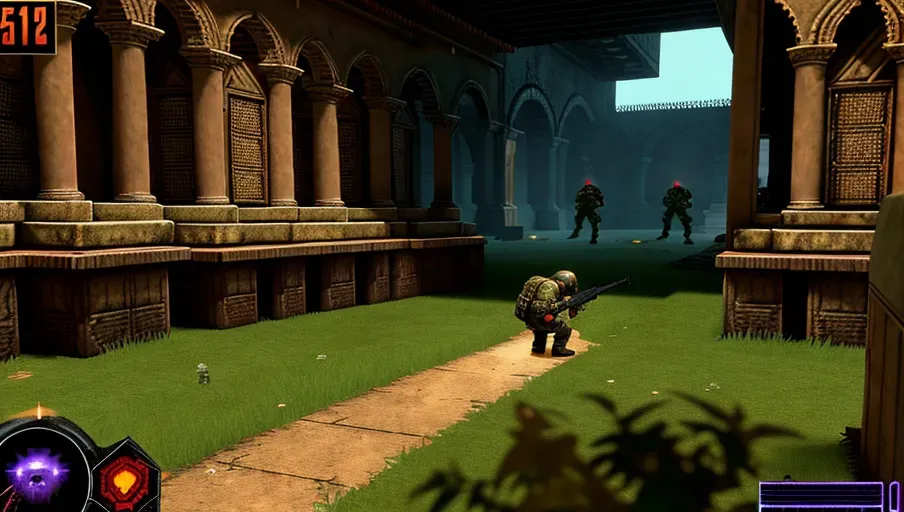 A first person shooter game in the style of Duke Nukem 3D shooting aliens and demons, old graphics from the 1980s Commodore64 and Amiga computers, crypts, graveyards, monsters:5.5, demons, aliens, undead soldiers, action-packed,warfare, crowded, temples,courtyards, castles, fantasycore:555.5, masterpiece, highly-detailed, cryptcore, gravecore, shootercore,