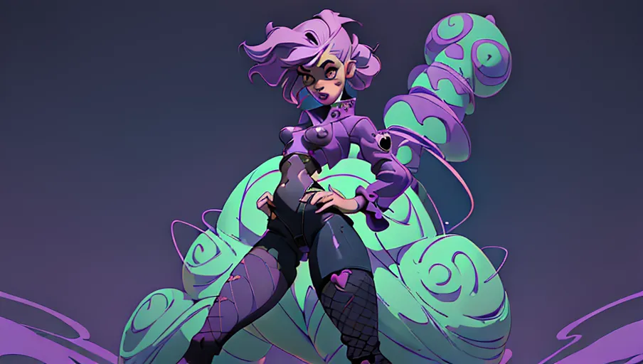 (((digital illustration of a punk magical woman))), (art by ghibli), (detailed facial features), (thick purple lips), ((wide hips and small upper torso)), pear shaped figure, thick thighs, fishnets bodysuit, holey baggy black tee