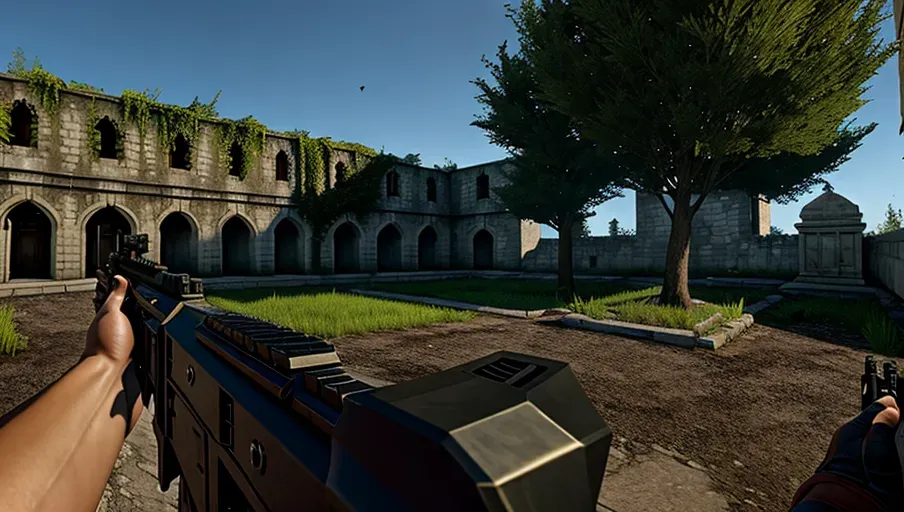 FirstPersonShooterCore, HorrorGameCore, A first person shooter game in the style of mid-1990s videogames,shooting aliens and demons, crypts, graveyards, temples, courtyards, castles, monsters, demons, aliens, undead, soldiers, action-packed, warfare, cryptcore, graveyardcore, templecore, castlecore, courtyardcore,