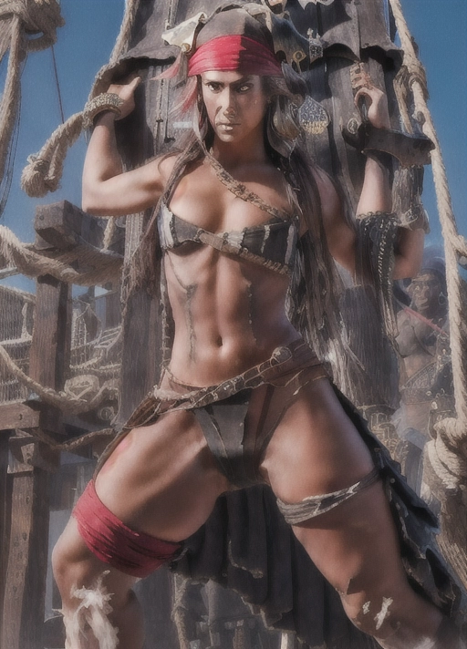 Gorgeous angry pirate woman (((held tight by a big black pirates))), torn clothes, 1 female, 1 male, ((wound marks on her thighs)), ((groping her ass)), groping her breast, (((sexual))), sexy, intense, pirate ship, fight scenes in the background<lora:plVOedlDbyM_Adrienne:1>