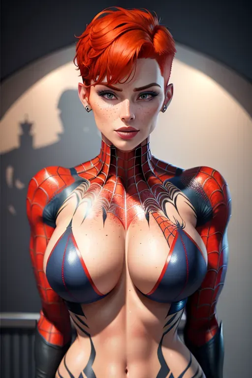 A beautiful women, short haircut, redhead, freckles, cleavage, huge breasts, straight, skin Spider-Man, 3d, front view, walls background, tattoos