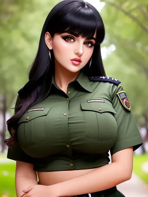 Gorgeous young Albanian woman, photo cute attractive young face, large wide doe eyes, light colored eyes, big plump lips, huge gigantic boobs, (gigantic tits), raven-black hair, bangs, sexy, thin, slim waist, tight olive-colored park ranger uniform shirt, photorealistic, best quality, ultra high resolution