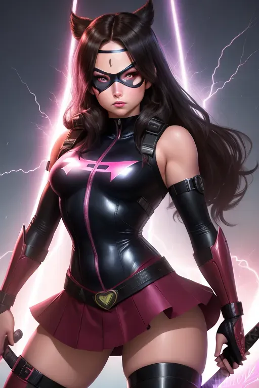 Superhero, shoulder length brunette hair, Demi Lovato, superhero eye mask, red eyes, small nose, blushing full cheeks, full lips, medium breasts, pink and black one piece uniform with skirt, belt with gadgets, heart emblem on chest, full thighs, thick ass, naked pussy exposed, cum dripping from pussy, hairy vagina, thigh high boots, flying, katana, lightning, high definition, cinematic lighting.