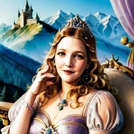 ((((Princess Drew Barrymore is very sleepy.)))) Her eyes are half-open. She is smiling blissfully. She is in love with the viewer. In the background, there is a fantasy kingdom in the mountains.