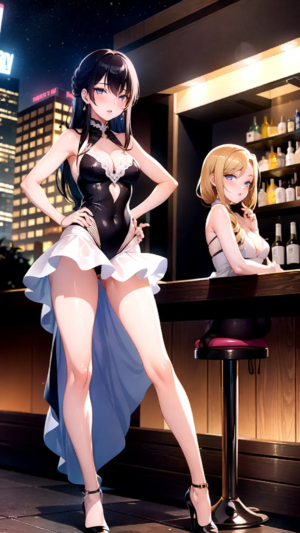 2 girls at a bar, nighttime, teasing, posing, skimpy dress, long legs,