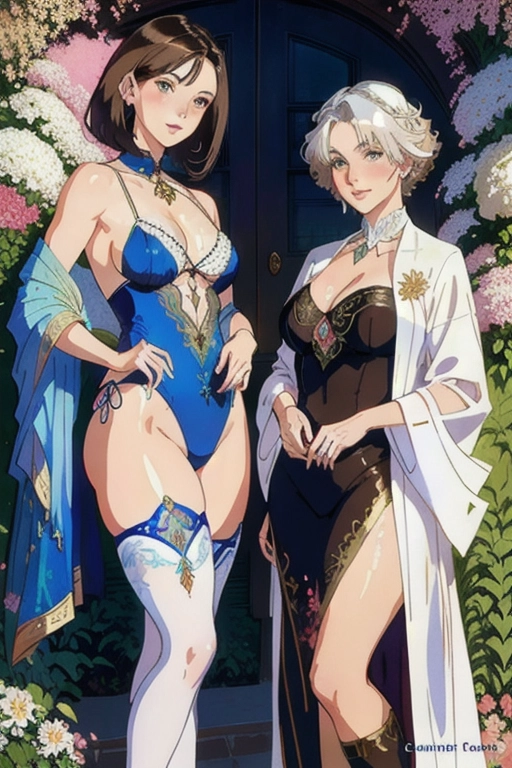 Colour painting of Penny a ((Pretty short-haired (((brunette))) girl))) and her grandmother Agatha an (((attractive (white-haired) older woman))) highly detailed, detailed breasts, wearing leotards, professional, legs spread, flowers and villa in the background, intricate motifs, organic tracery, perfect composition, warm dreamy tones, digital painting, artstation, concept art, smooth, sharp focus, illustration, Carne Griffiths, pixar, Michael Garmash, Frank Frazetta, Victo ngai, Jean Baptiste Monge, shiny aura